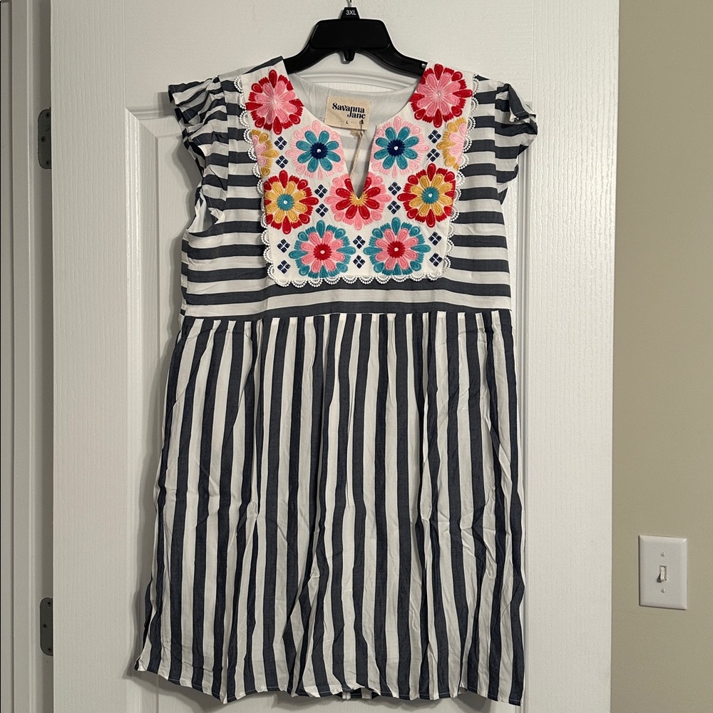 Savanna Jane Gray/White Striped Dress with Embroidery
